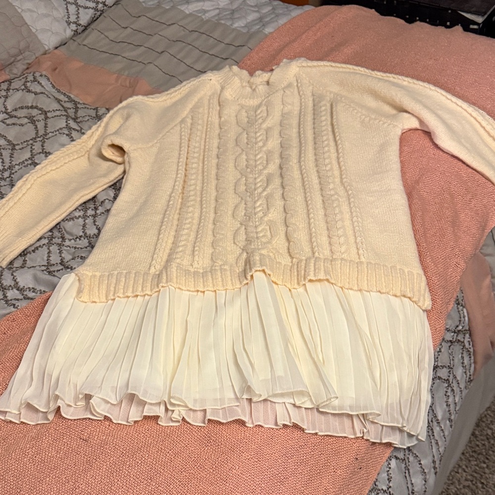 Cream Cable Knit Sweater Dress with Pleated Hem